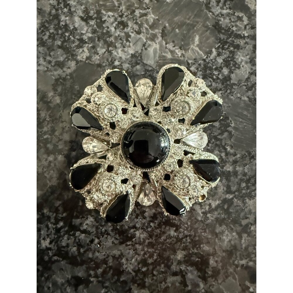 Vintage Silver & Black Rhinestone Brooch Crystal Accents Flower Design Pinback
